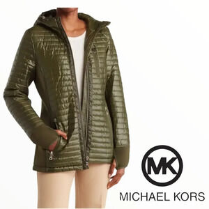 MICHAEL KORS | Olive | MIXED MEDIA SHORT QUILTED JACKET